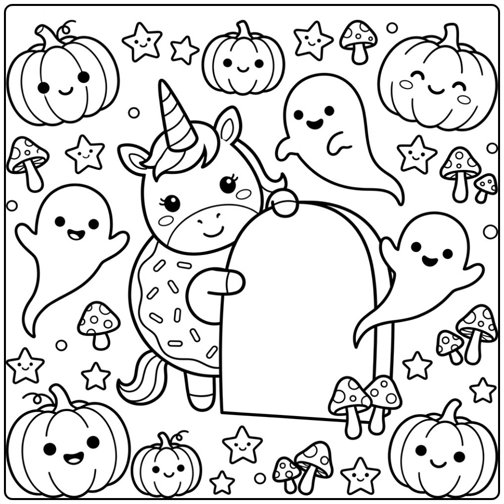 Een schattige Halloween donut eenhoorn kleurplaat met spookjes.