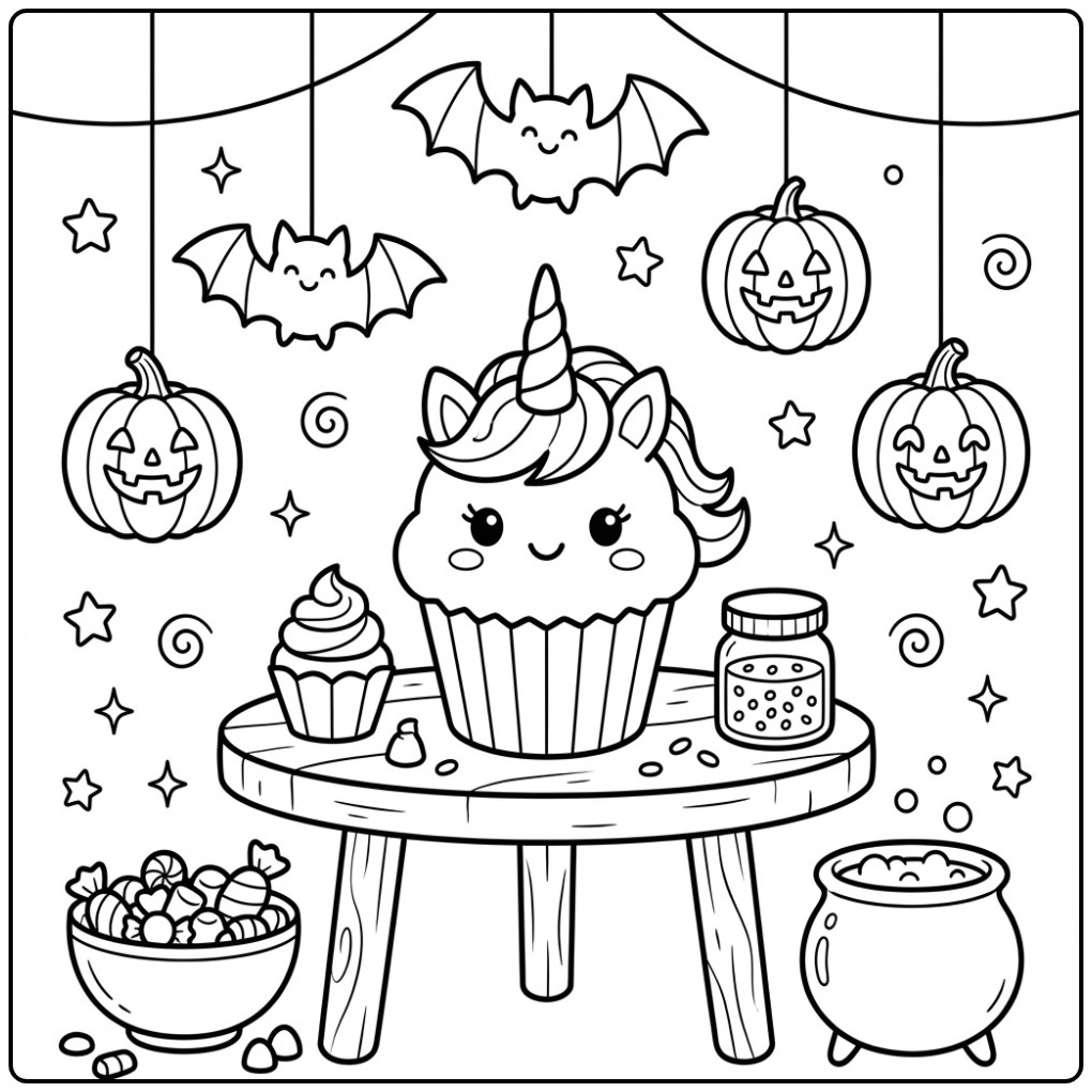 Schattige Halloween eenhoorn cupcake kleurplaat met pompoenen.