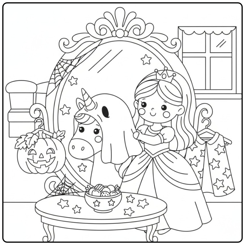 Leuke Halloween prinses eenhoorn kleurplaat voor kinderen.