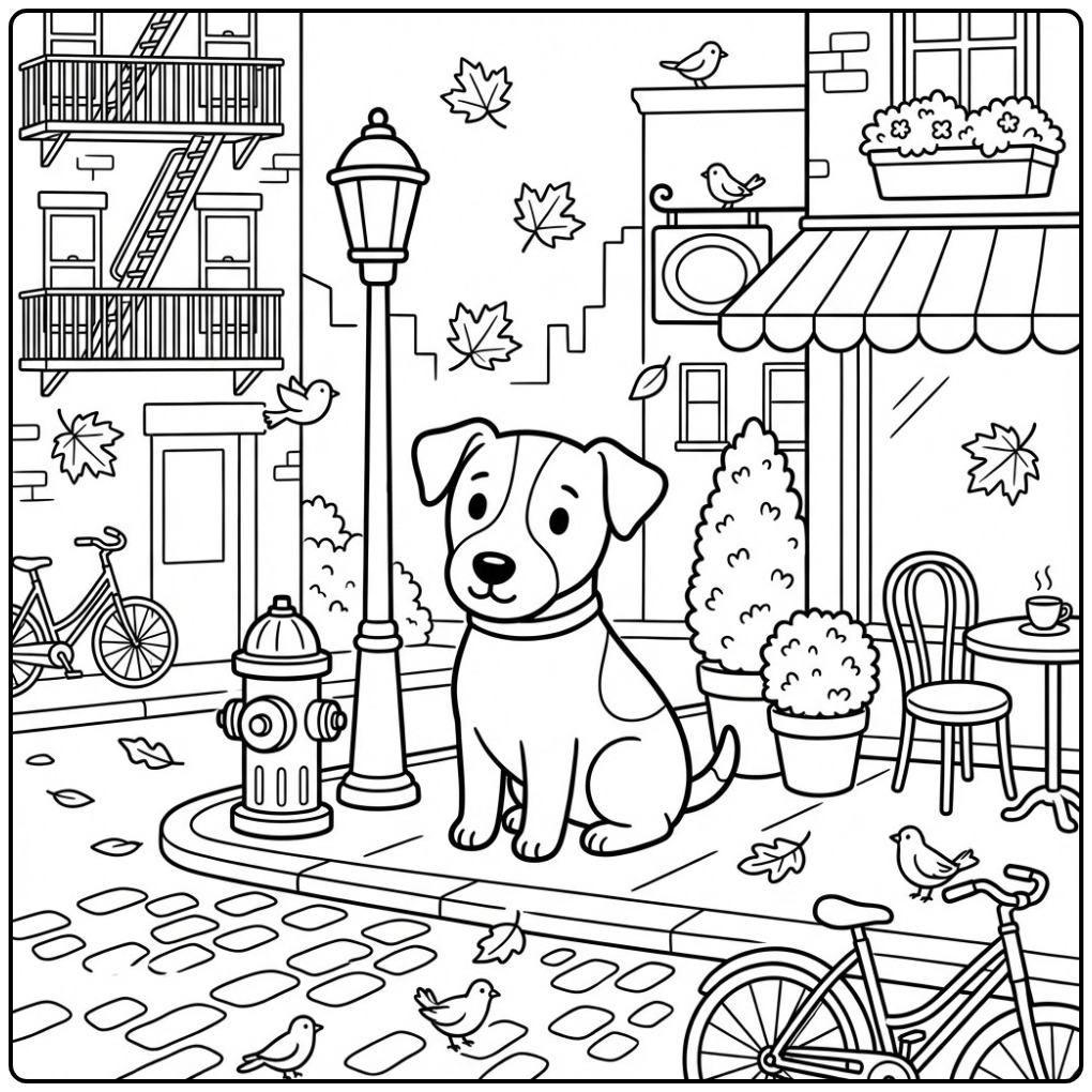 Schattige kleurplaat jack russel op een herfstige stadsstoep.