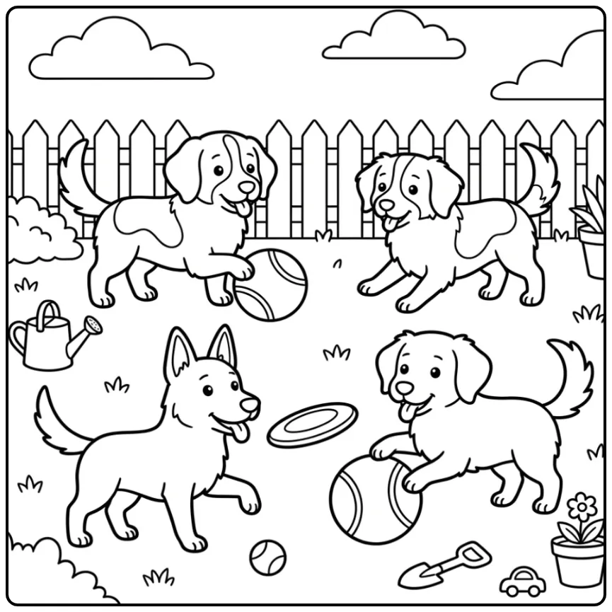 Vier schattige honden spelen, honden kleurplaat makkelijk.