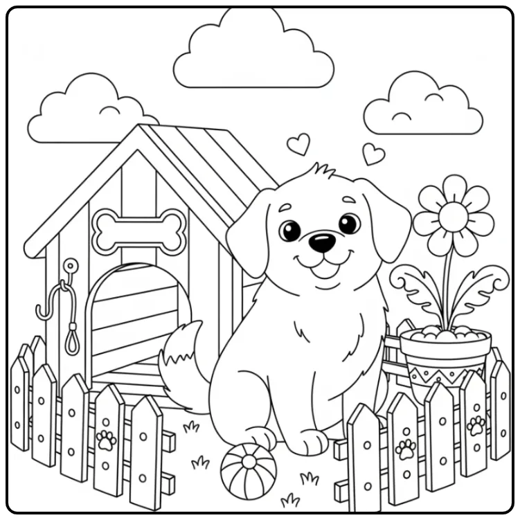 Een schattige kleurplaat hondenhok met een blije hond in de tuin.