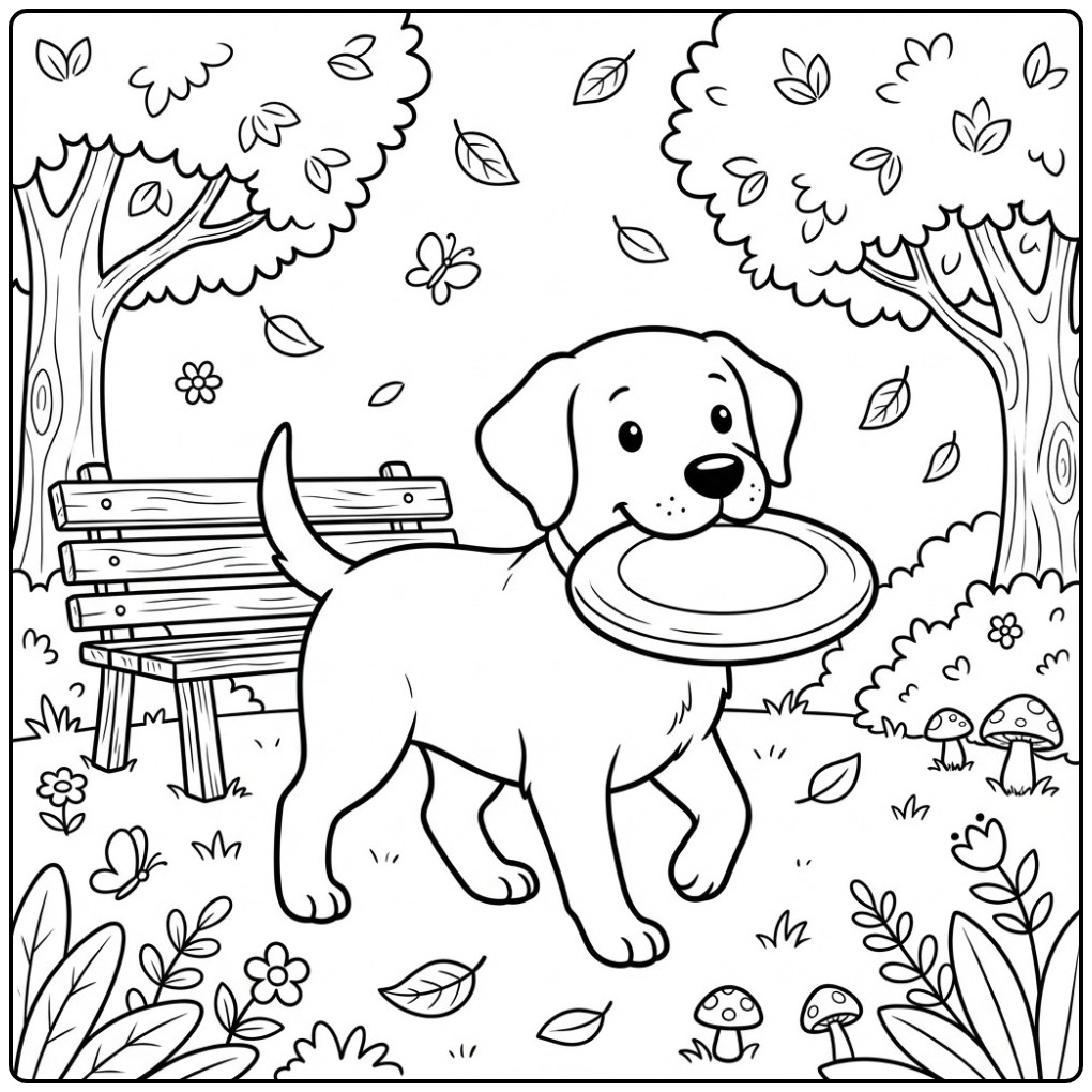 Een schattige kleurplaat labrador met een frisbee in het park.