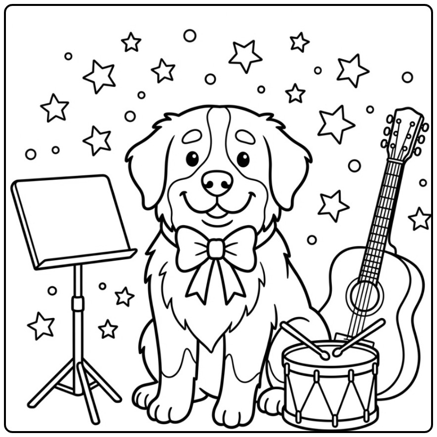 Een muzikale berner sennen kleurplaat met een gitaar en drum.