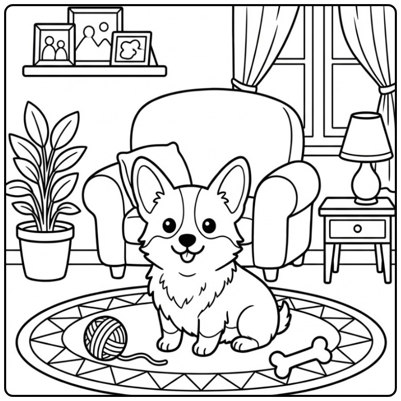 Een schattige corgi kleurplaat in een gezellige woonkamer.