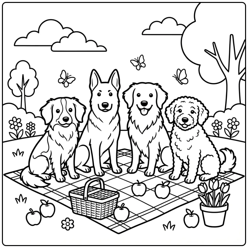 Een leuke honden kleurplaat makkelijk met vier hondenrassen.