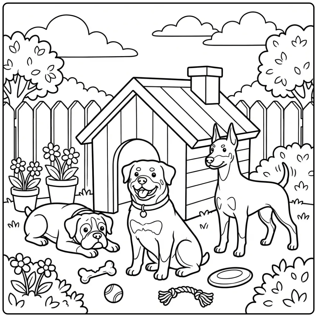 Leuke honden kleurplaat met Rottweiler, Boxer en Dobermann.