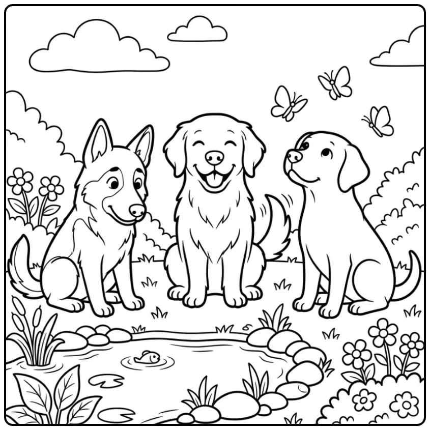 Schattige honden kleurplaat met drie pups bij een vijver.