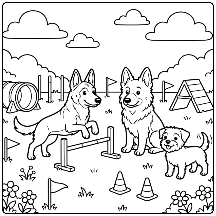 Honden kleurplaat met drie honden op een trainingsveld.
