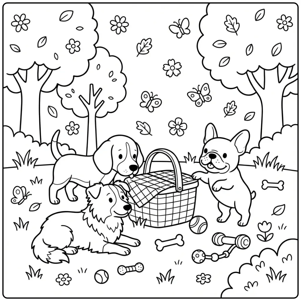 Honden kleurplaat met Beagle, Collie en Bulldog bij picknick.