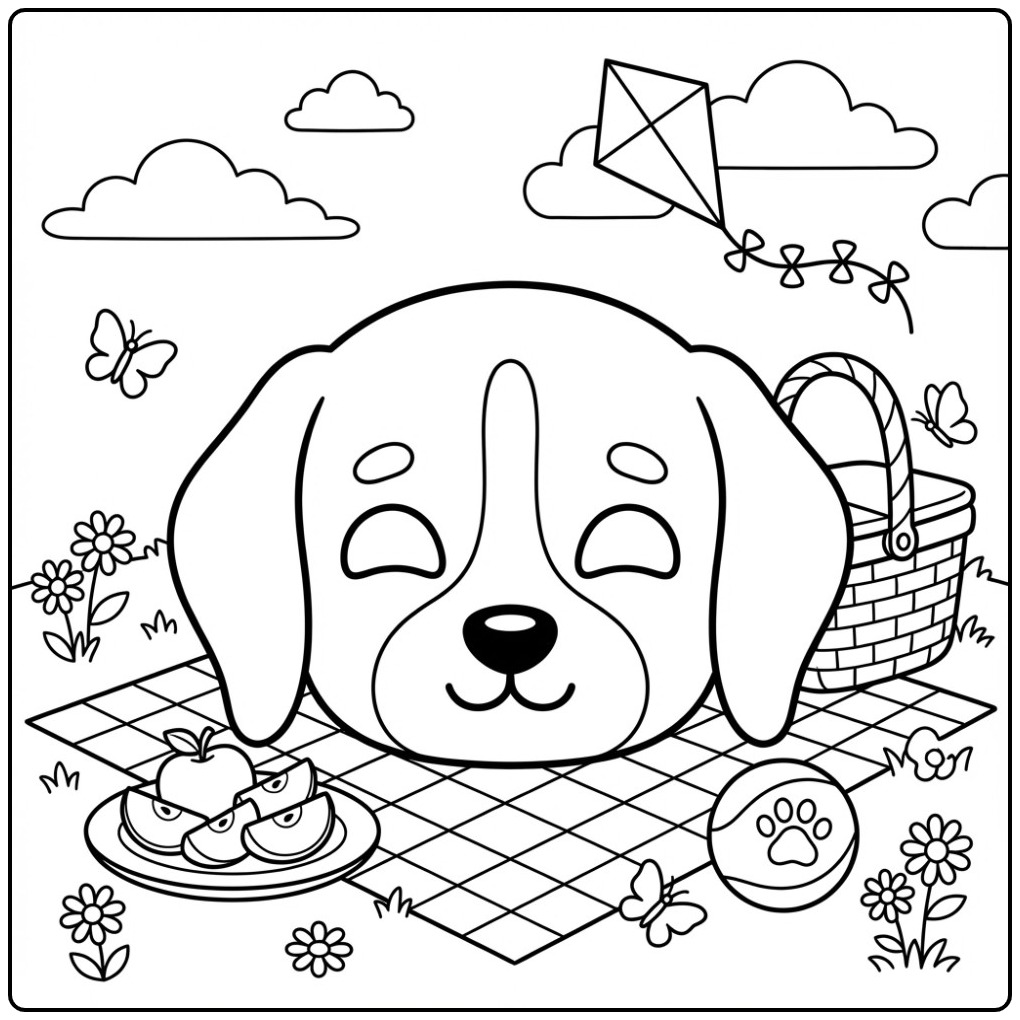 Leuke Beagle honden masker kleurplaat voor een zomerpicknick.