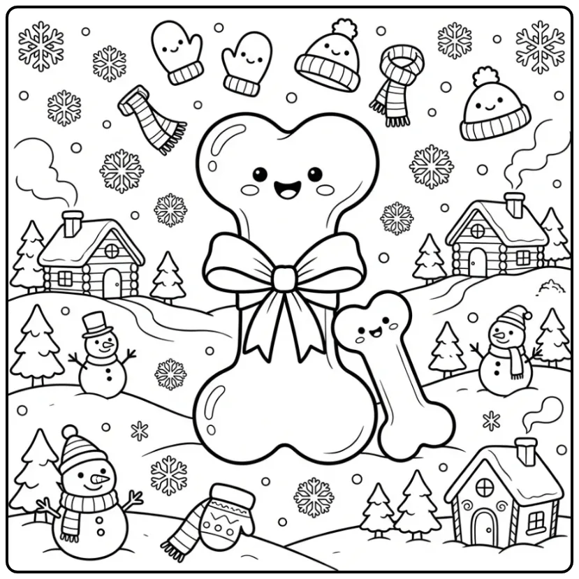 Winterse hondenbot kleurplaat met sneeuwvlokken en bomen.
