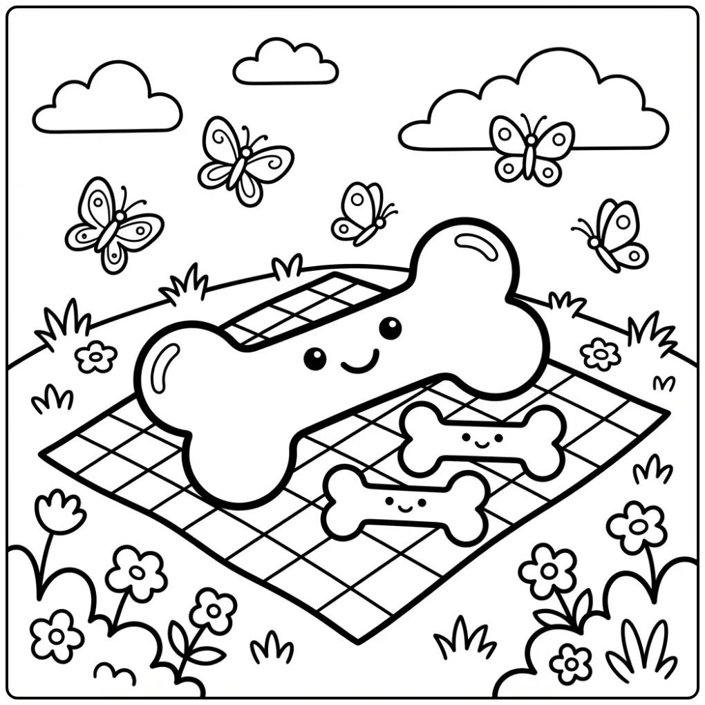 Schattige hondenbot kleurplaat op een picknickkleed.