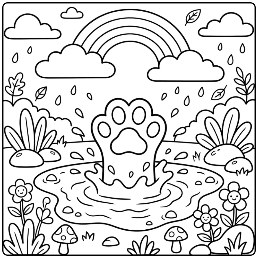 Schattige hondenpoot kleurplaat springt in een plas.