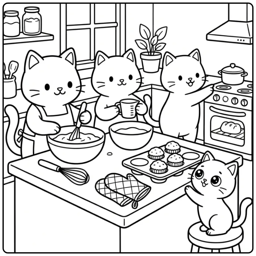 Katten kleurplaat van bakkende katjes en cupcakes in keuken.