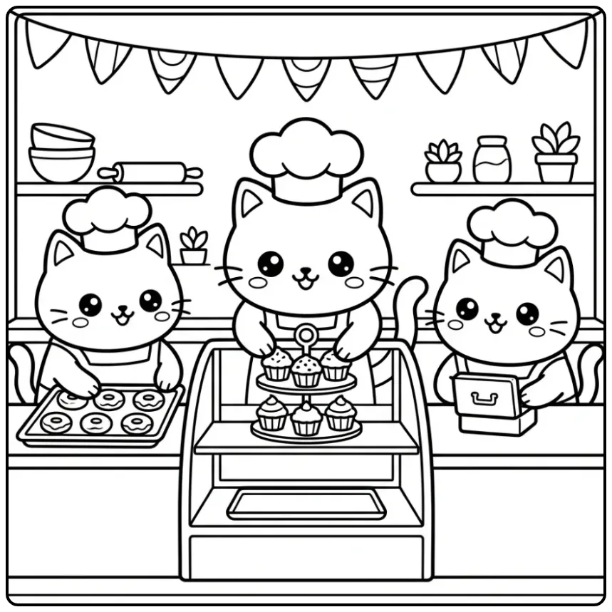 Schattige bakkers katten kleurplaat met taartjes en donuts.