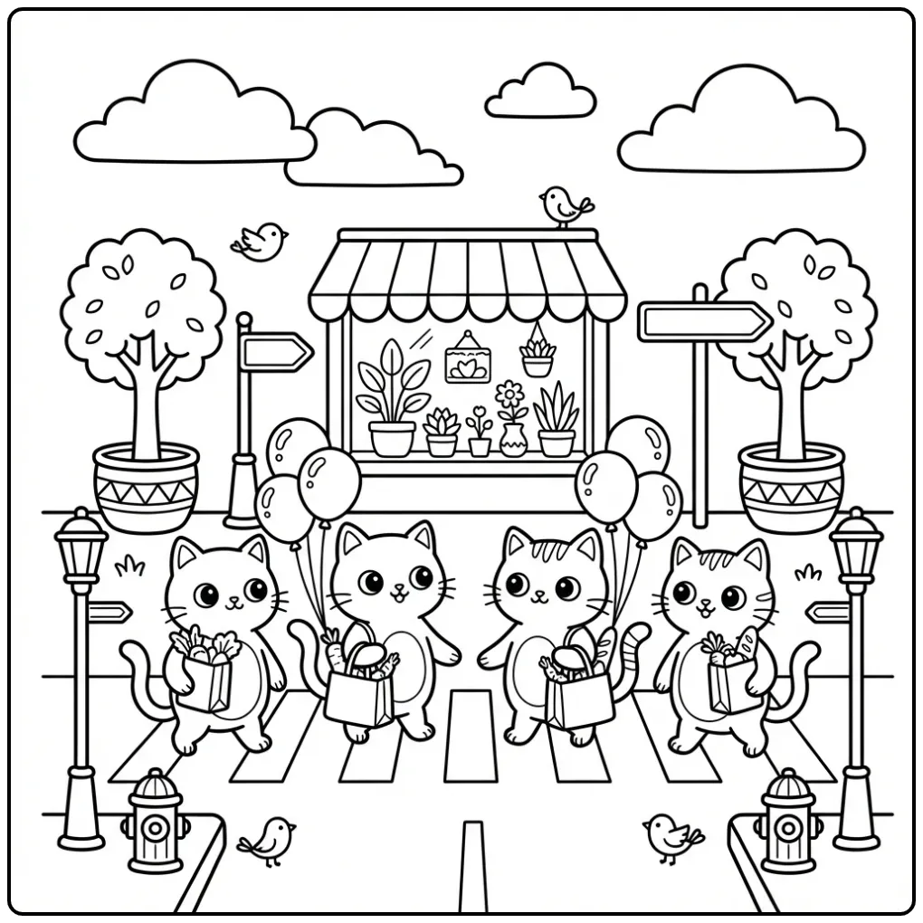 Schattige katten kleurplaat met boodschappen en ballonnen