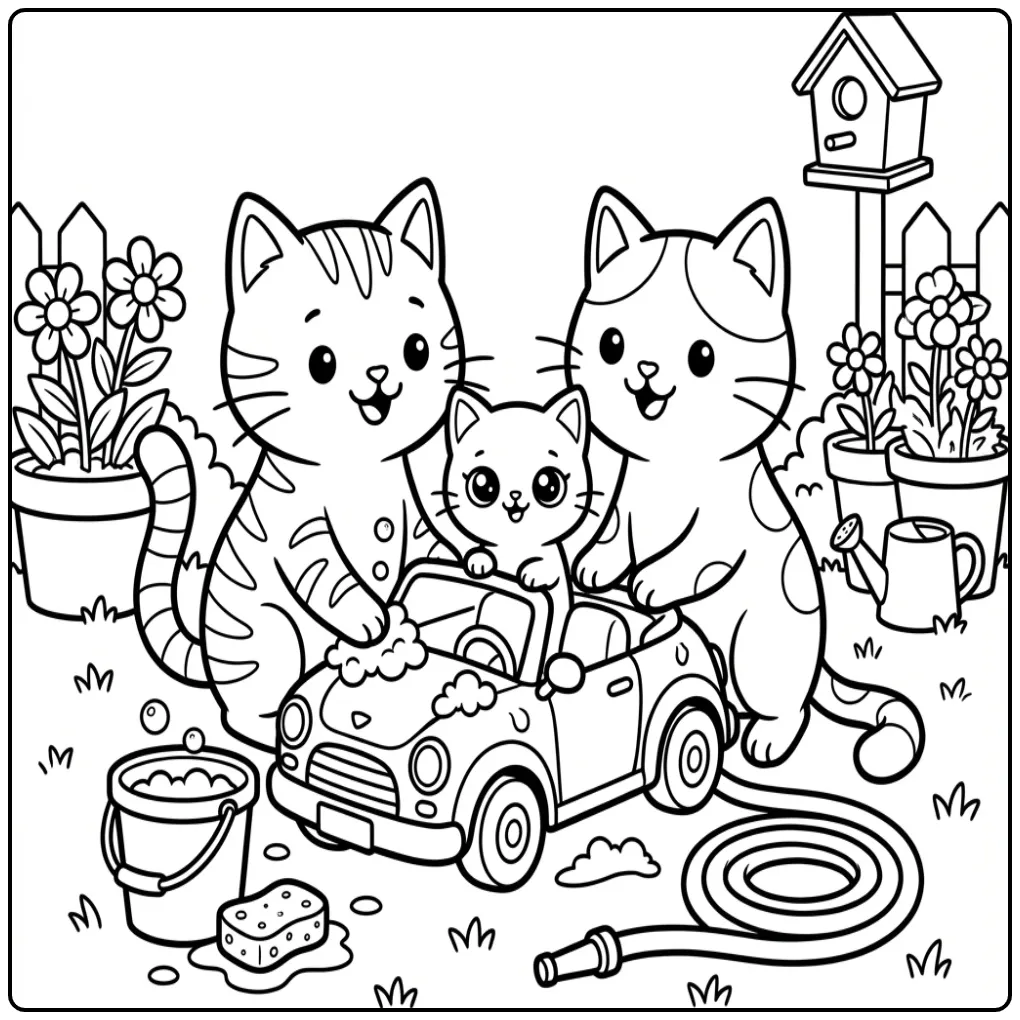 Schattige katten kleurplaat met kitten en speelgoedauto.