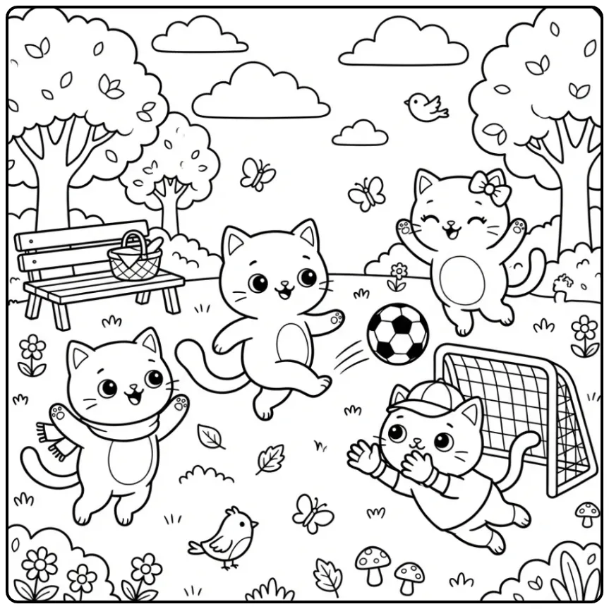 Schattige katten kleurplaat van een voetbalwedstrijd in het park.