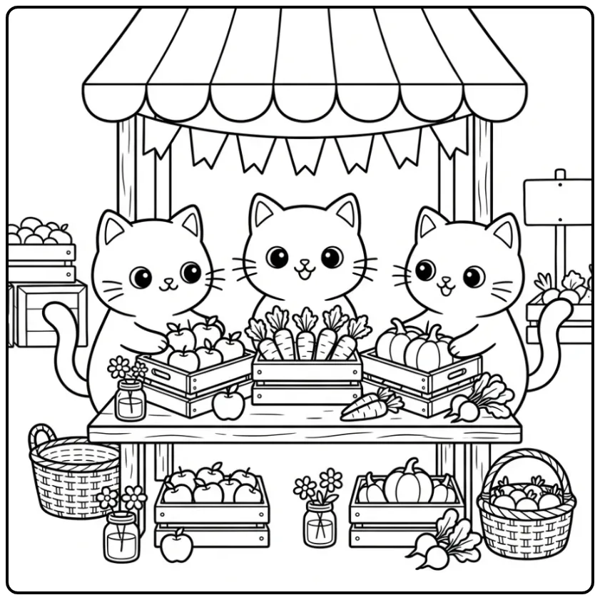 Katten kleurplaat met marktkraam en verse groenten.