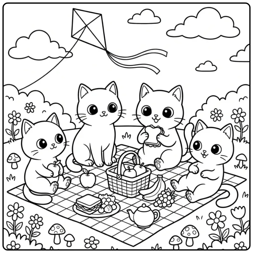 Schattige katten kleurplaat met vier katten die picknicken.