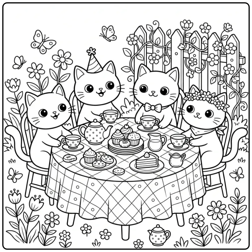 Schattige katten kleurplaat met theepot en gebakjes in de tuin