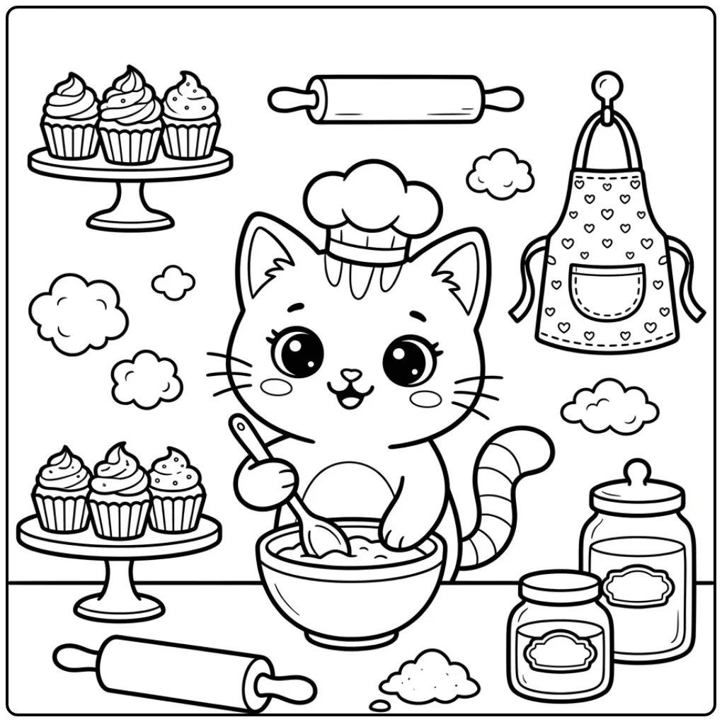Een schattige kawaii kleurplaat kitten met bakkersmuts.