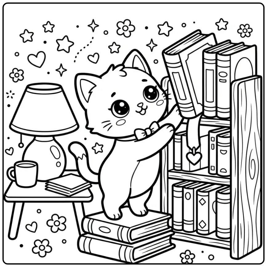 Een schattige kawaii kleurplaat kitten pakt een boek.
