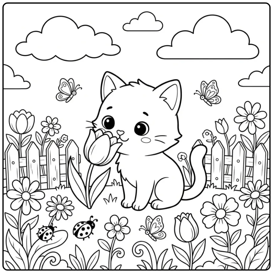 Schattige kawaii kleurplaat kitten ruikt aan een tulp.