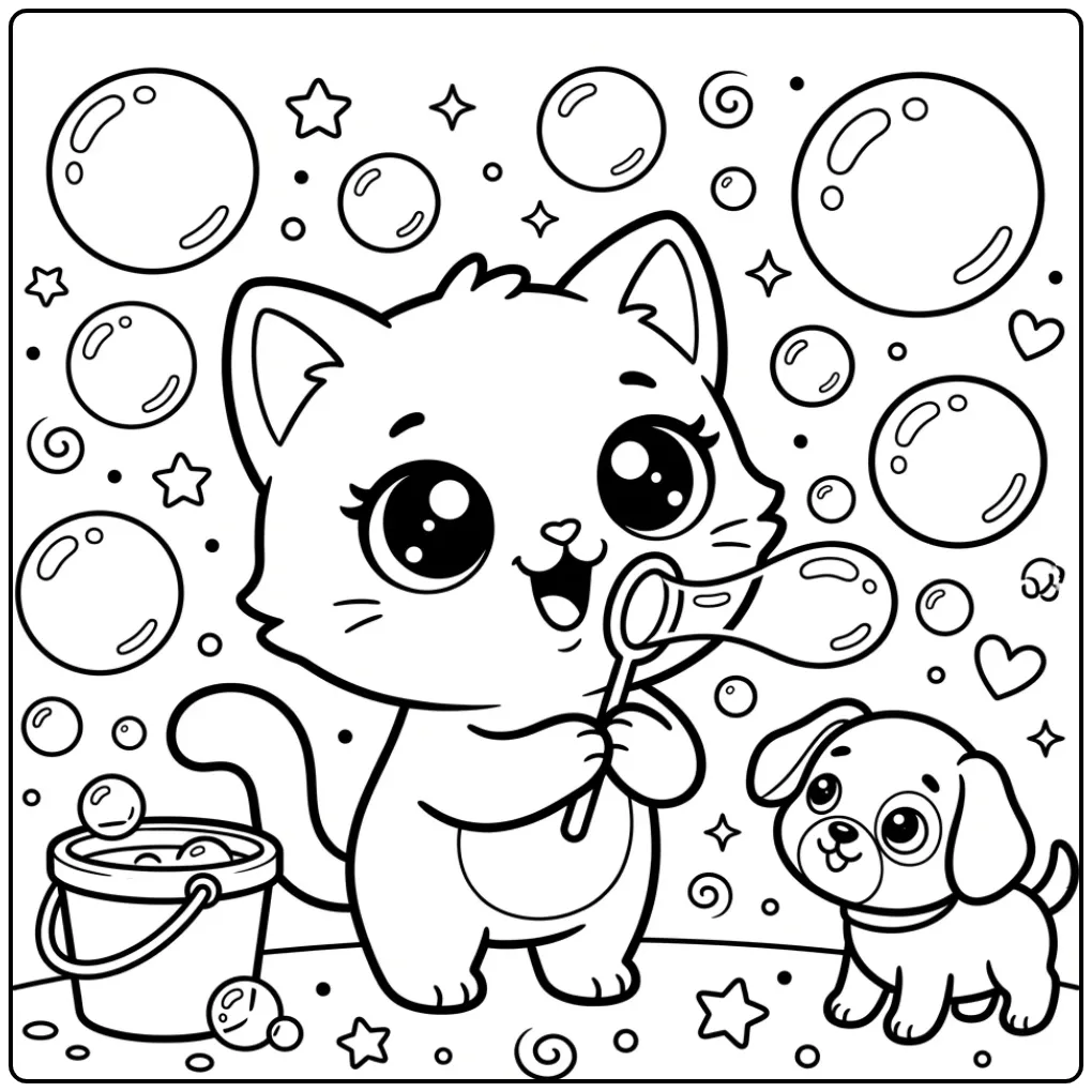 Schattige kawaii kleurplaat kitten blaast mooie zeepbellen.