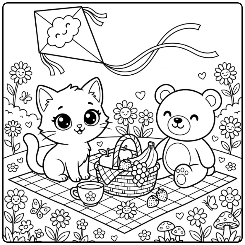 Schattige kawaii kleurplaat kitten picknickt met teddybeer.