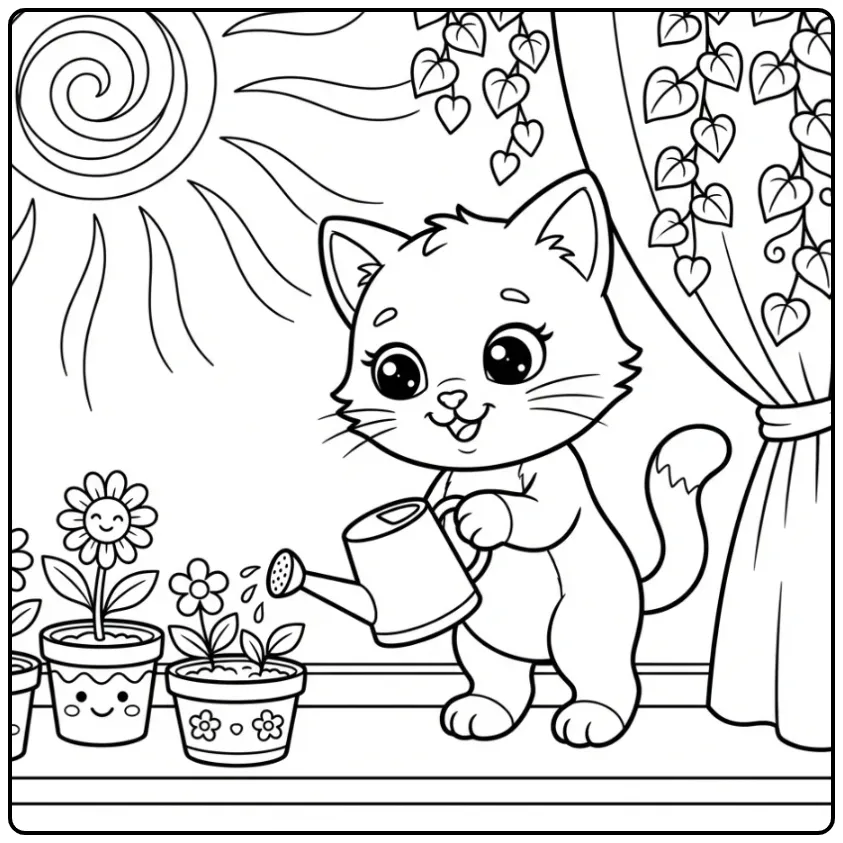 Schattige kawaii kleurplaat kitten geeft planten water.