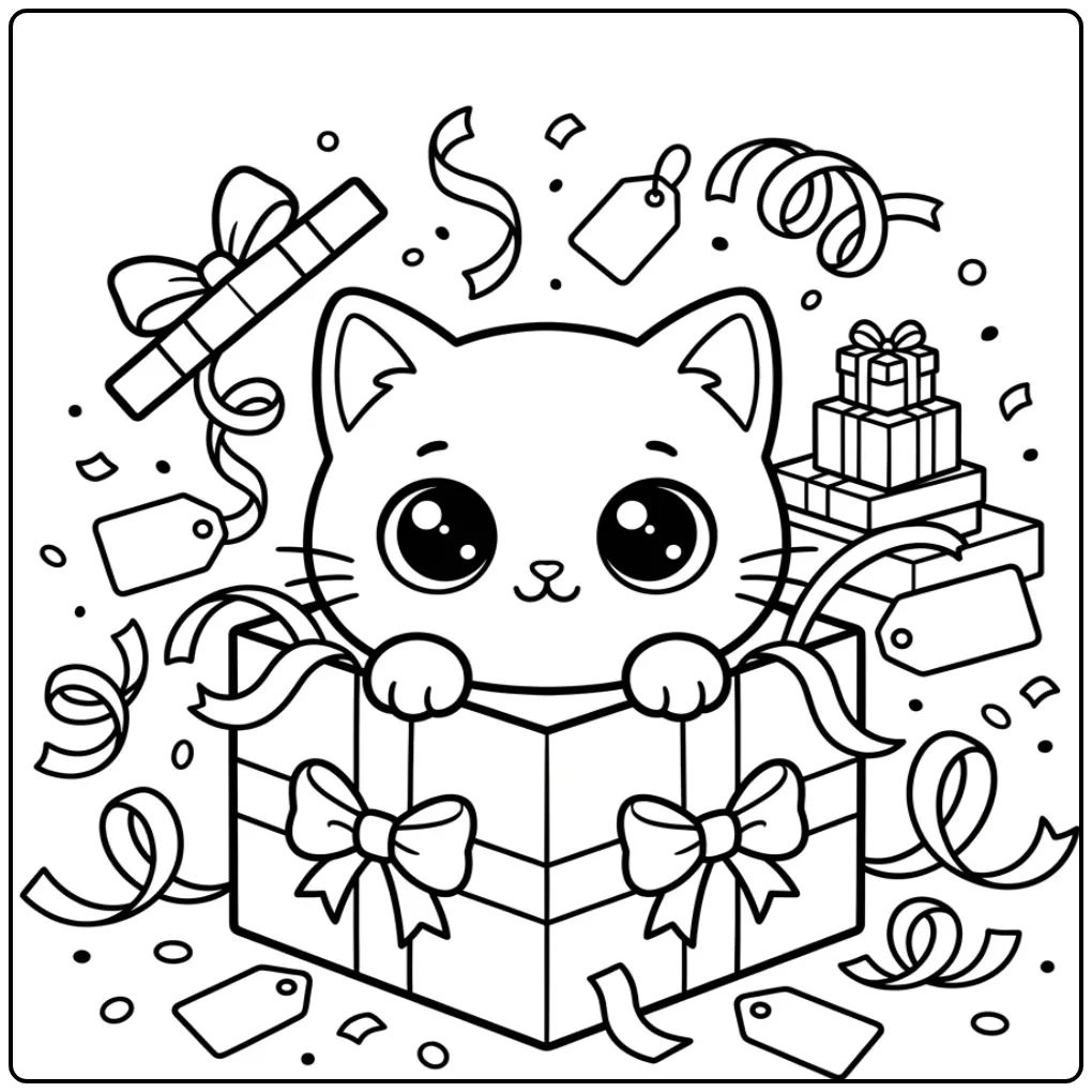 Schattige kawaii kleurplaat kitten in een feestelijke doos.