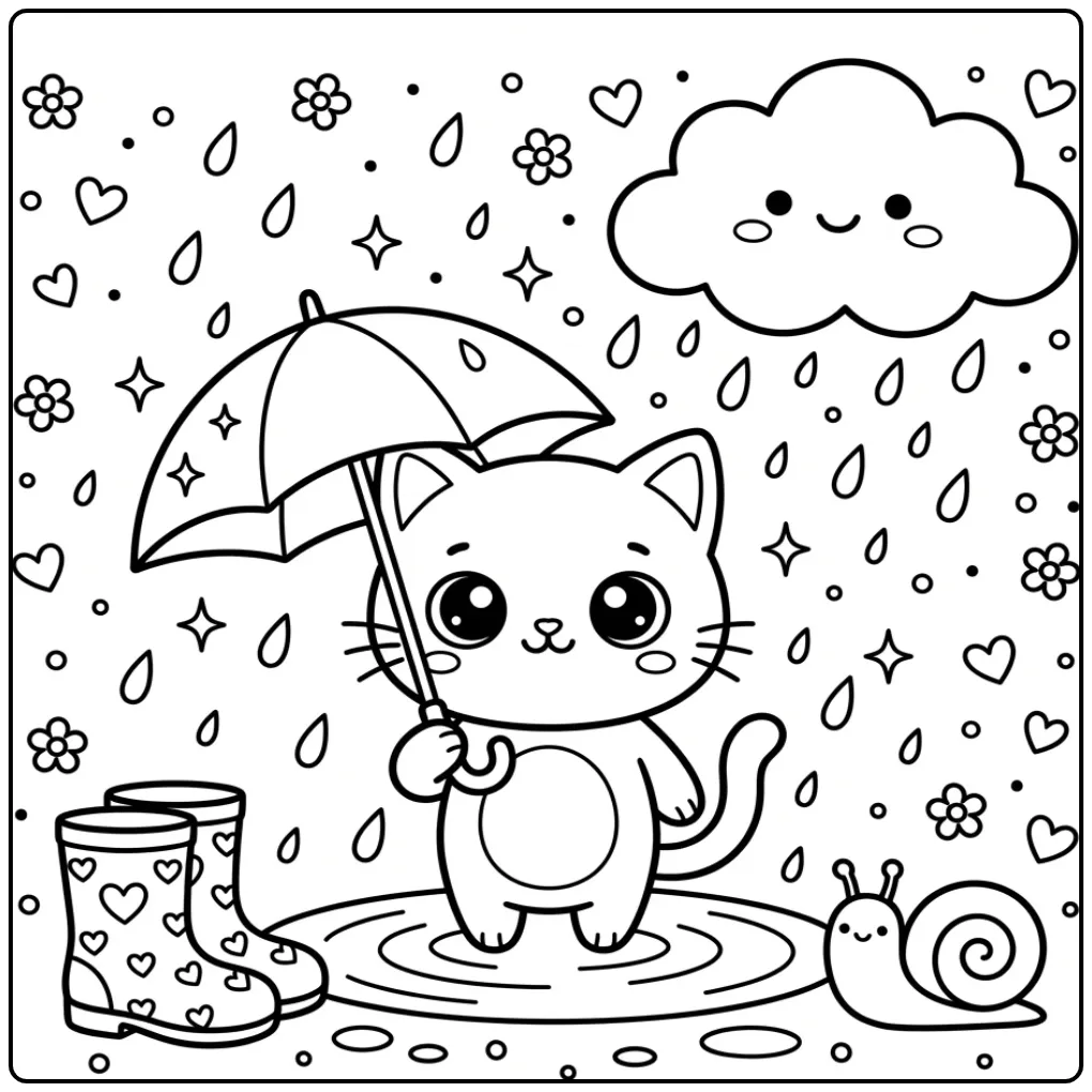 Een schattige kawaii kleurplaat kitten met paraplu in de regen.