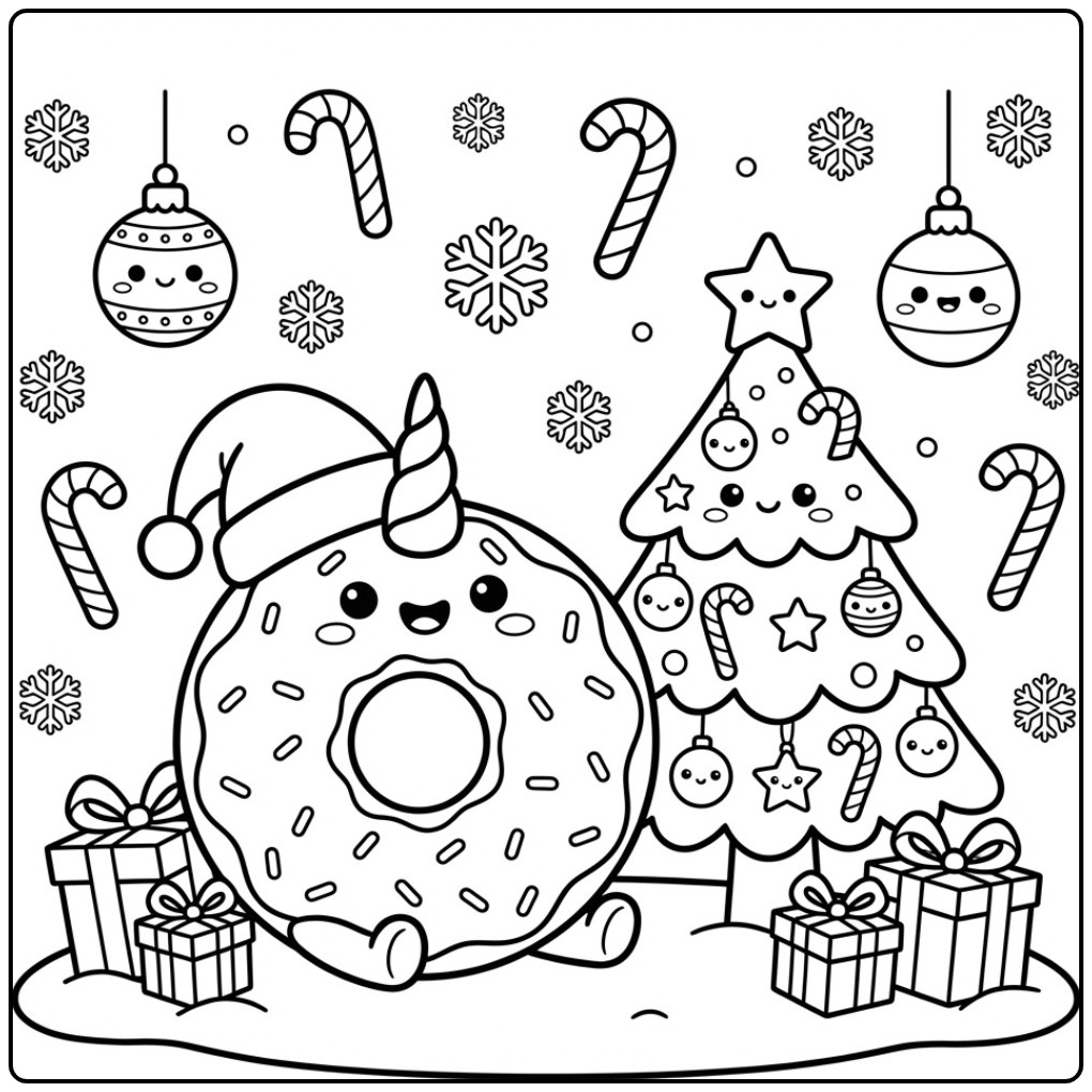 Leuke Kerst donut eenhoorn kleurplaat met een kerstboom.