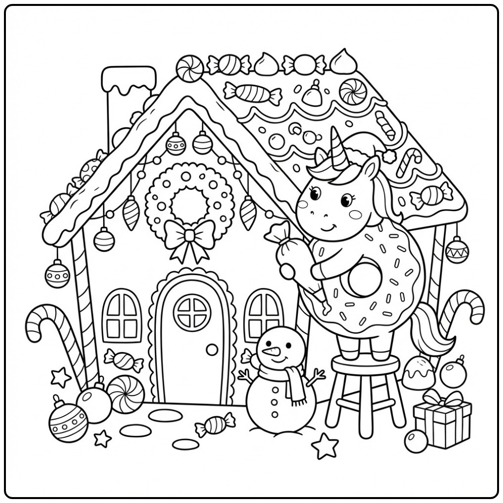 Leuke Kerst donut eenhoorn kleurplaat met een peperkoekhuisje.