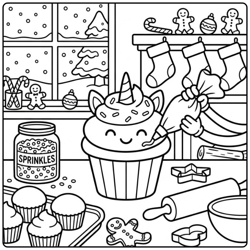 Een schattige Kerst eenhoorn cupcake kleurplaat om te versieren.