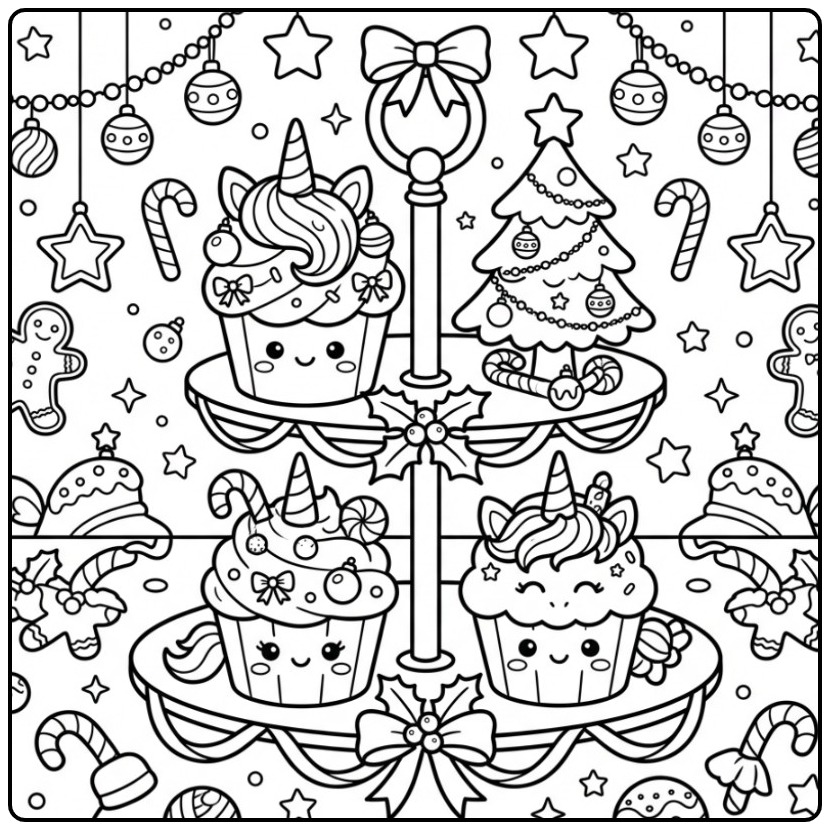 Leuke Kerst eenhoorn cupcake kleurplaat vol met zoetigheid.