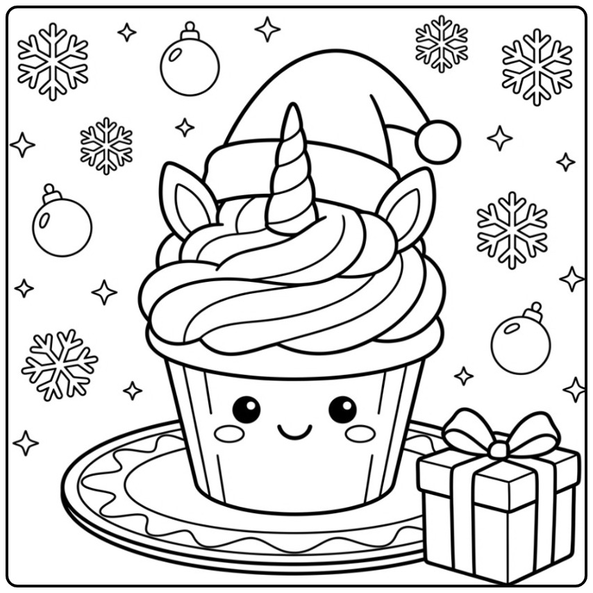 Een schattige Kerst eenhoorn cupcake kleurplaat met een cadeau.