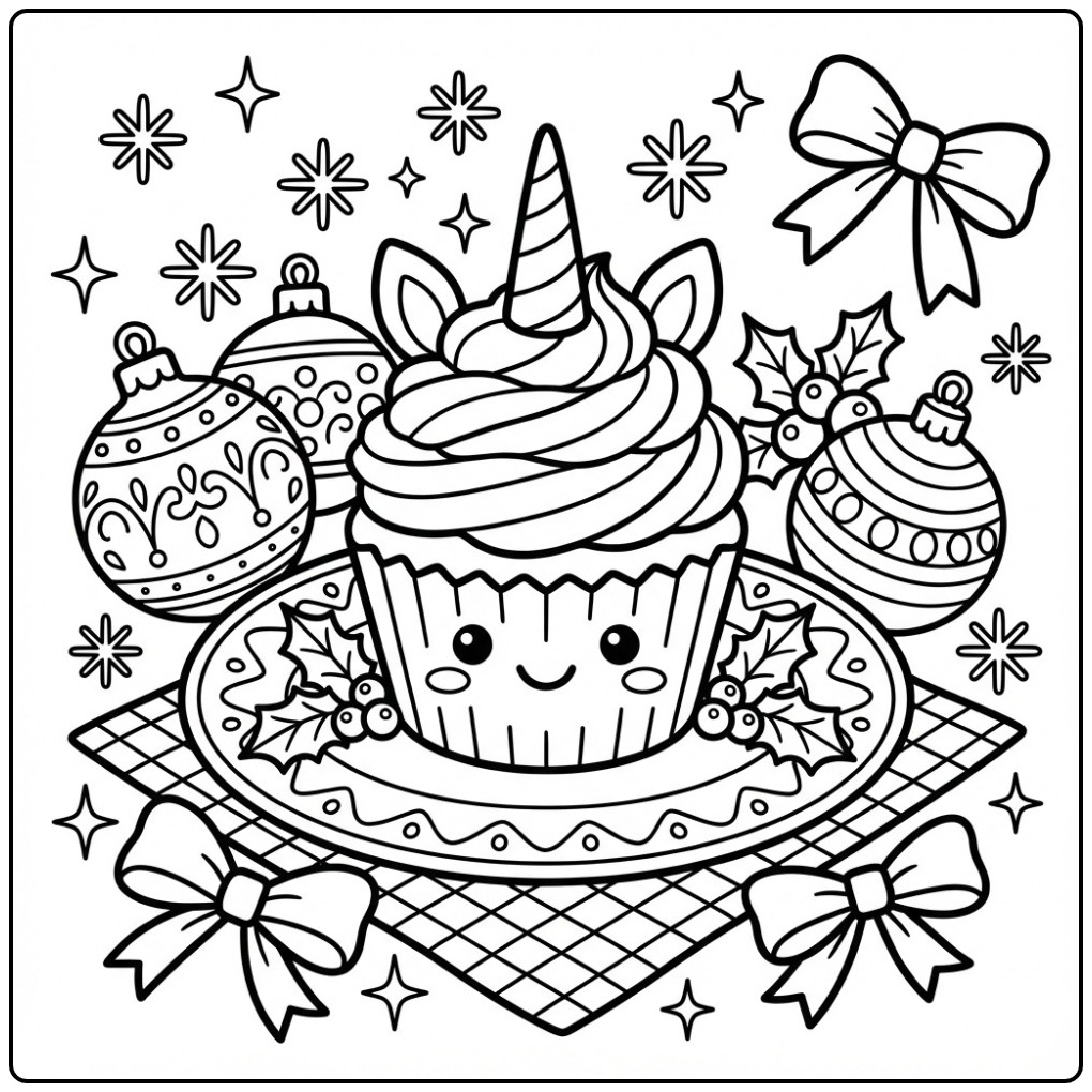 Een schattige Kerst eenhoorn cupcake kleurplaat met ballen.