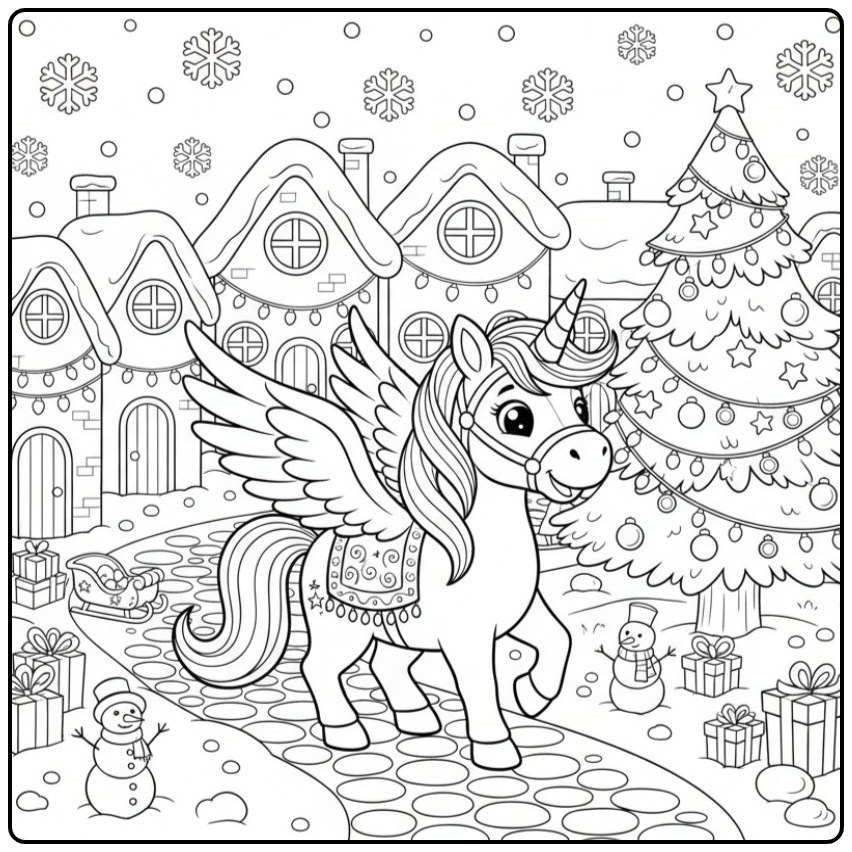 Schattige Kerstkleurplaat eenhoorn met vleugels in een dorp.