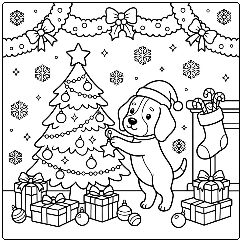 Leuke kleurplaat beagle die de kerstboom versiert.