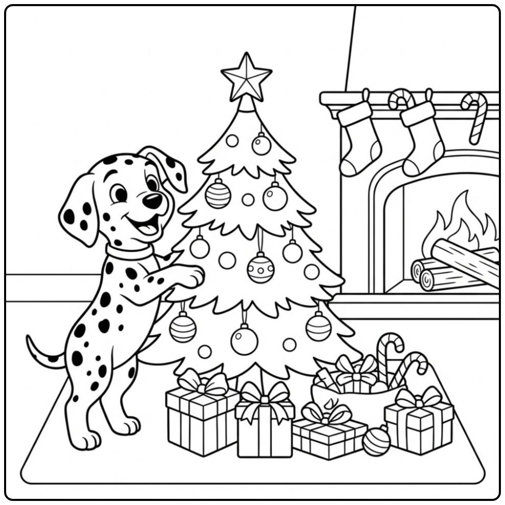 Schattige kleurplaat dalmatier versiert de kerstboom.
