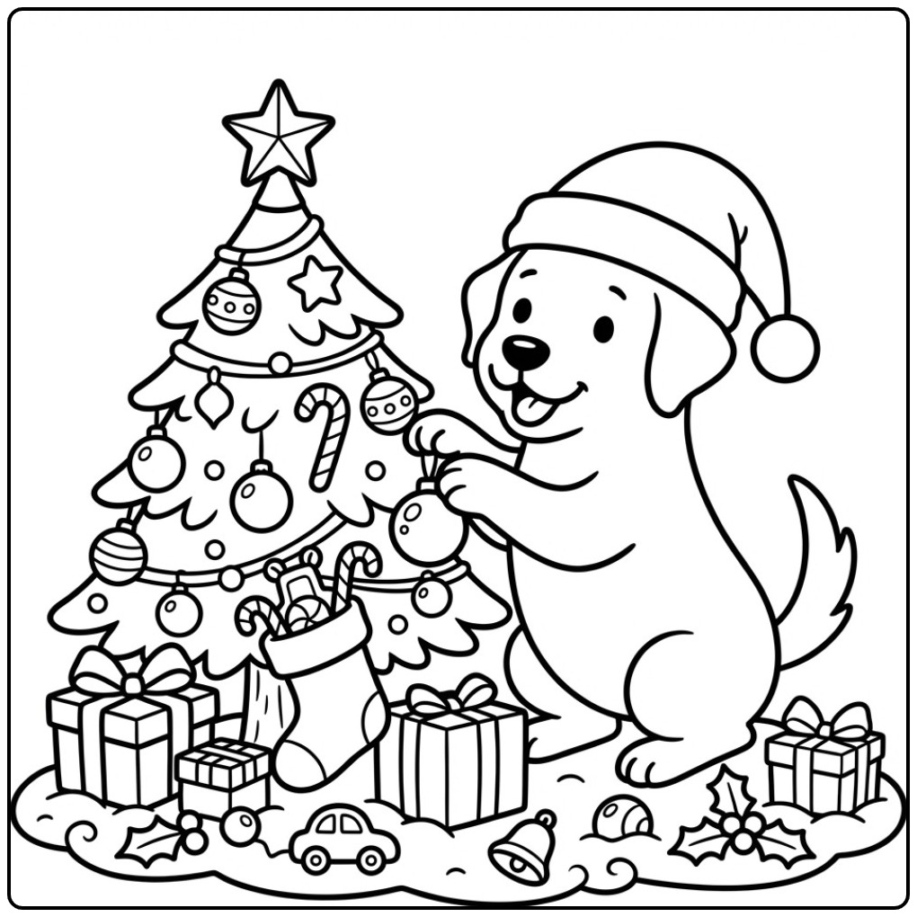 Leuke kleurplaat labrador puppy versiert de kerstboom.