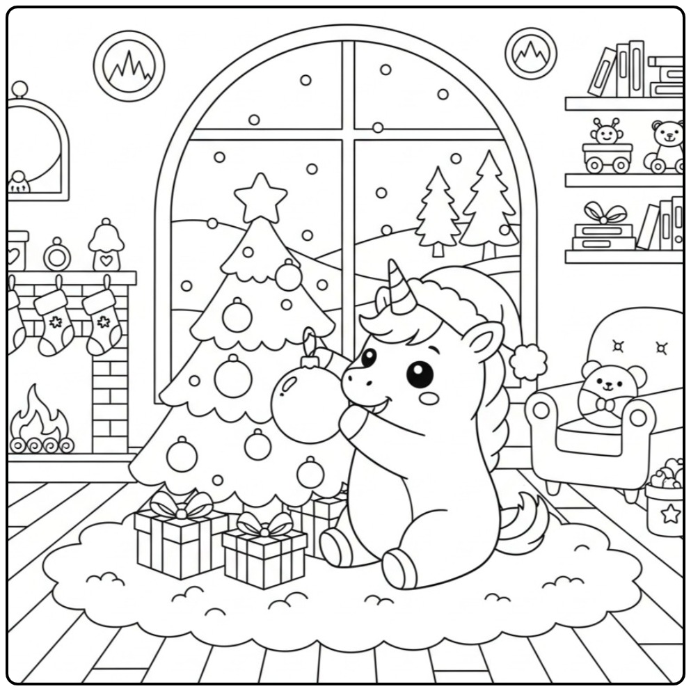 Schattige Kleurplaat baby unicorn Kerstmis in een gezellige kamer.