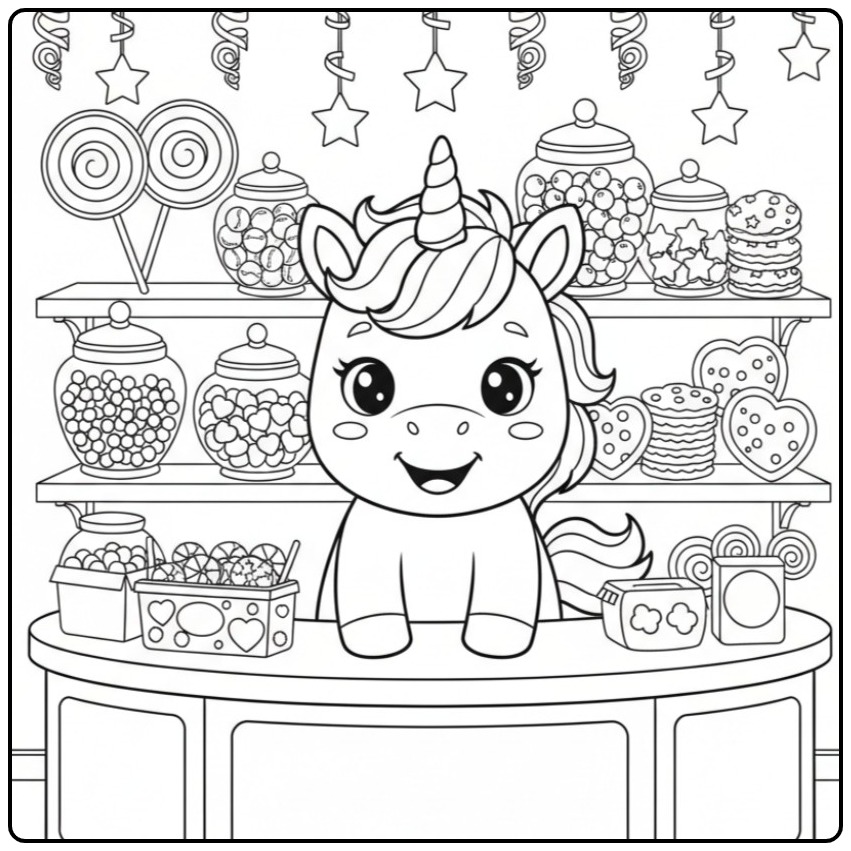 Schattige Kleurplaat baby unicorn met snoepjes in een winkel.