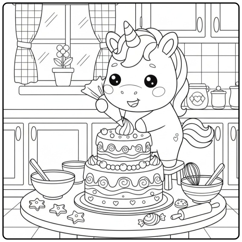 Leuke Kleurplaat baby unicorn met snoepjes en een grote taart.