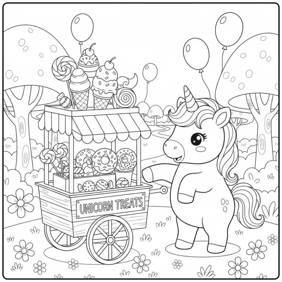 Leuke Kleurplaat baby unicorn met snoepjes en een snoepkraam.