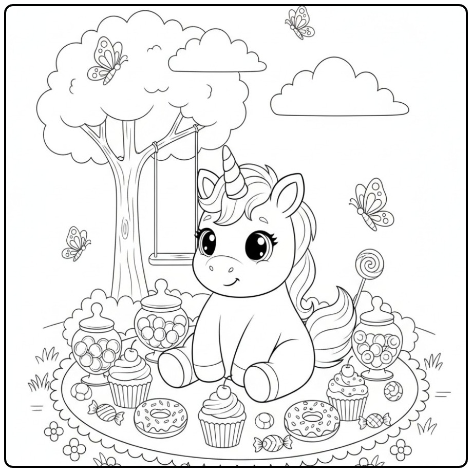 Schattige Kleurplaat baby unicorn met snoepjes en een schommel.