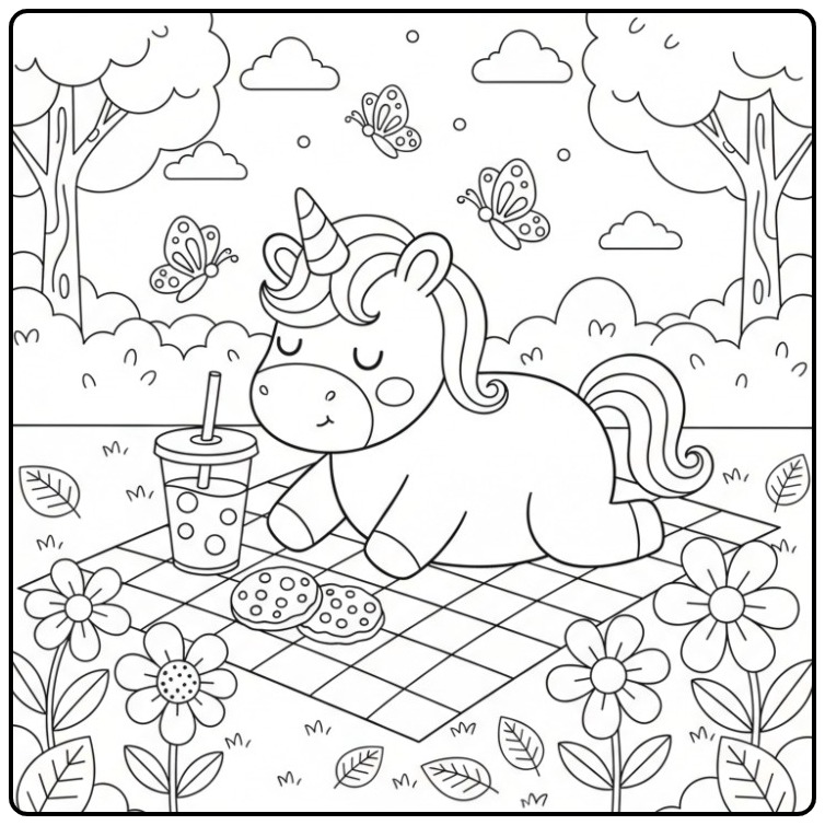 Schattige Kleurplaat baby unicorn met vlinders op een picknick.
